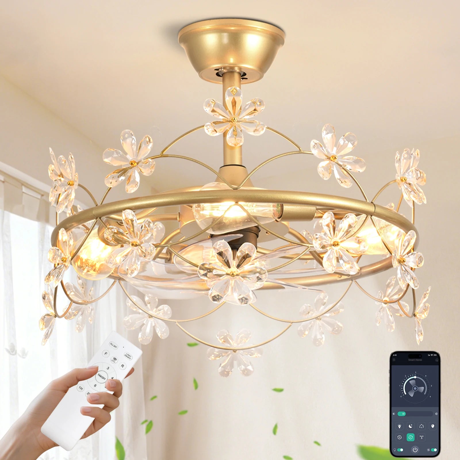Bedroom Ceiling Fan with Lights: 20" Gold Chandelier Small Fan with Remote Control - Modern Flower Fandelier for Girl's Bedroom