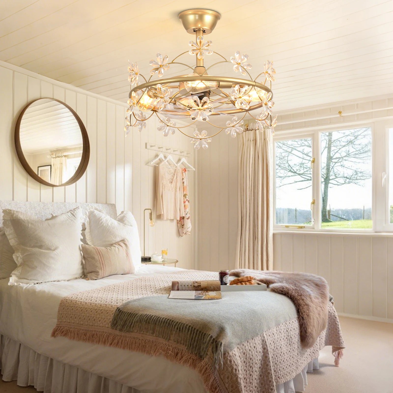 Bedroom Ceiling Fan with Lights: 20" Gold Chandelier Small Fan with Remote Control - Modern Flower Fandelier for Girl's Bedroom