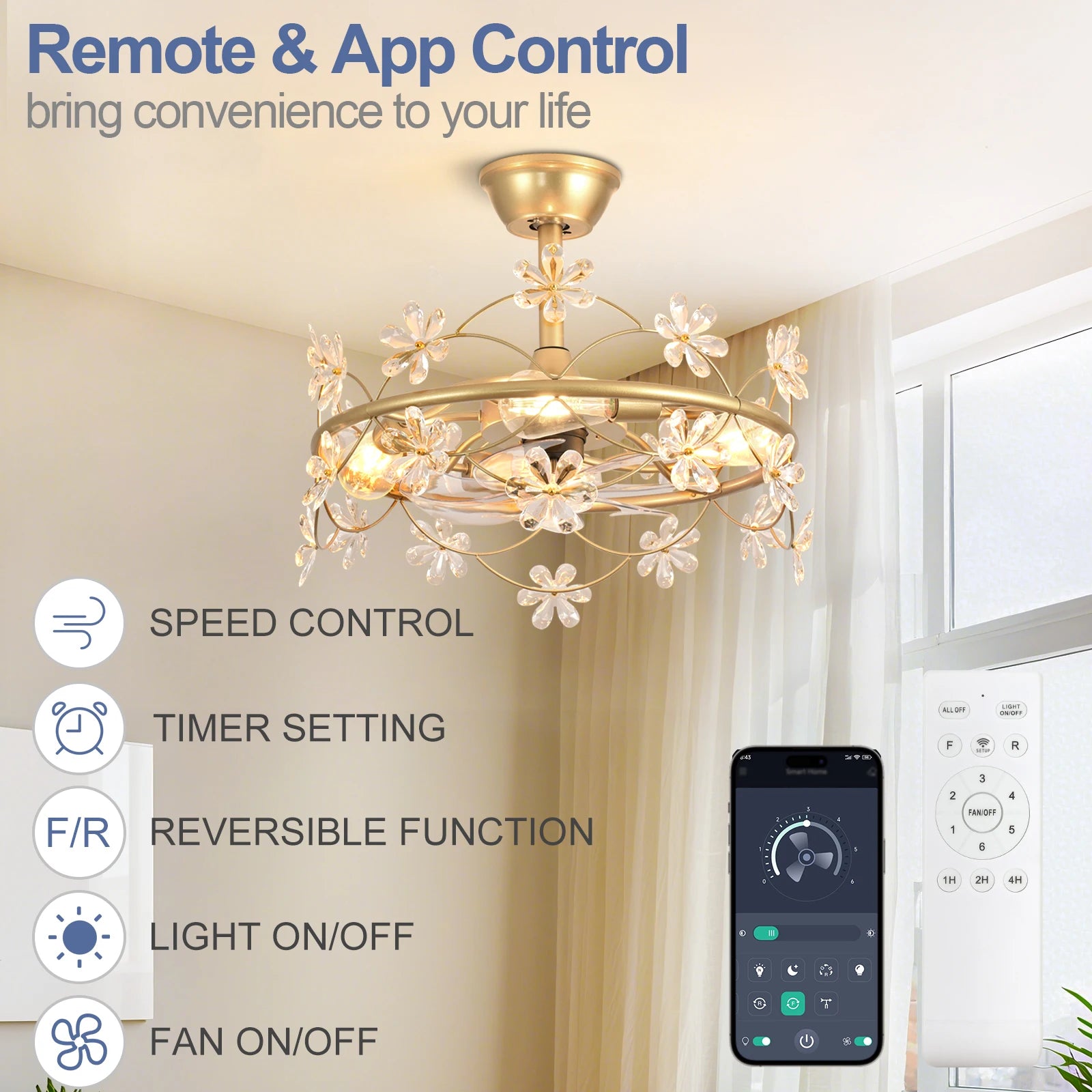 Bedroom Ceiling Fan with Lights: 20" Gold Chandelier Small Fan with Remote Control - Modern Flower Fandelier for Girl's Bedroom